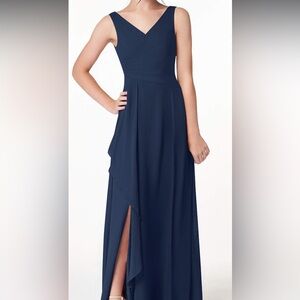 Azazie Grayson Chiffon Bridesmaid Prom Dress in Dark Navy. V-Neck Floor Length